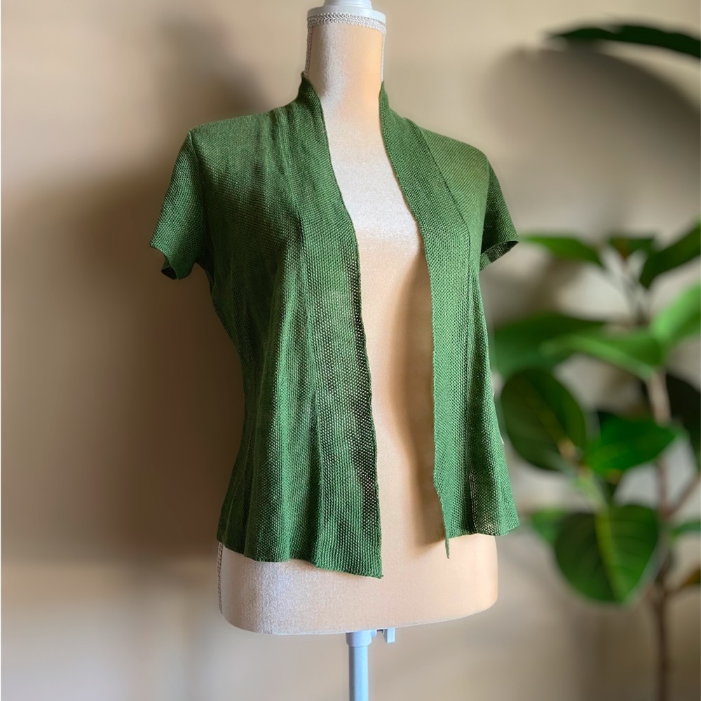EILEEN FISHER Edamame Green 100% Hemp Open Front S/S Cardigan - Picture 2 of 9